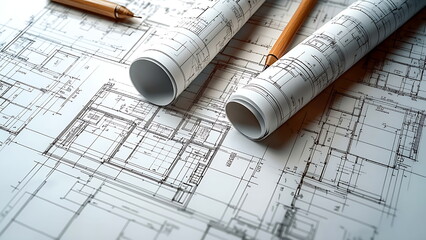 Rolled-up architectural blueprints