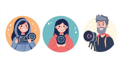 a set of illustrated avatars in circular frames showcasing diverse vloggers and livestreamers. One vlogger wears a hoodie holding a camera, another has long straight hair and a happy expression