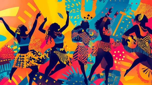 Joyful background with a festival celebrating Afrobeat music, including colours and energetic dance performances