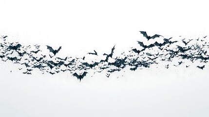A swarm of bats flies across a white background, casting eerie shadows.