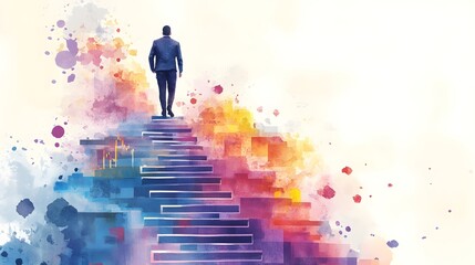 Watercolor Painting of Businessman Climbing Stairs Made of Charts and Graphs Symbolizing Business