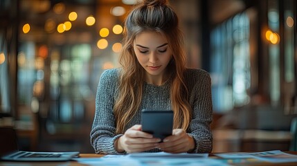 A businesswoman works with a mobile phone and laptop, integrating digital graphics to enhance business processes and communication.