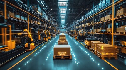 Show a futuristic warehouse where robots, conveyors, and IoT devices are hard at work, controlled by a digital overlay, conveyer belts and pallet boxes