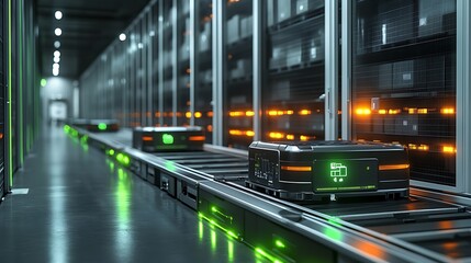 Fototapeta premium Show a futuristic warehouse where robots, conveyors, and IoT devices are hard at work, controlled by a digital overlay, conveyer belts and pallet boxes