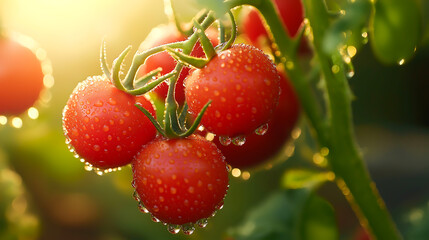 Fresh cherry tomatoes covered in dew dropson the vine on sunny day. Healthy, Organic produce, Ready for harvesting