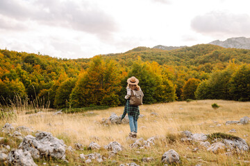 Fototapeta premium Back view.Travel woman explores a scenic mountain landscape during autumn in an open field with rolling hills and trees in the distance. Enjoying mountains view