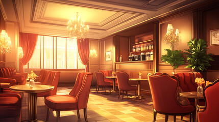 Fototapeta premium Glamorous background with a stylish anime caf�, featuring cozy seating, warm lighting, and detailed interior design