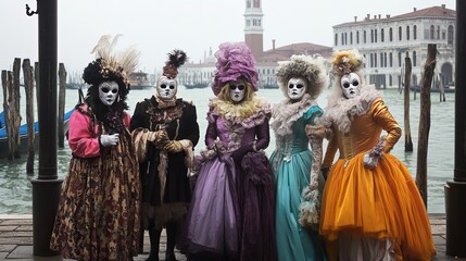 Venetian Carnival Celebration: Masked Revelers in Elaborate Costumes, Exquisite Masks, and Festive Atmosphere