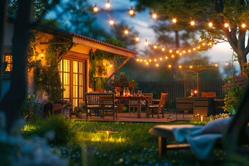Summer evening on the patio of beautiful suburban house with lights in the garden garden