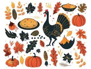 Autumn leaves, turkeys, pumpkins, Thanksgiving dinner, family gathering, cornucopia, pies, flat design illustration