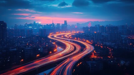 Obraz premium A city interchange illuminated by tail lights captures the essence of urban movement and infrastructure.