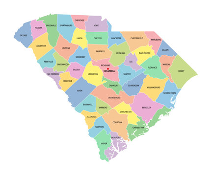 recommend clip art: South Carolina, U.S. state, subdivided into 46 counties, multi colored political map with capital Columbia, borders and county names. State in the Southeastern region of United States. Palmetto State.