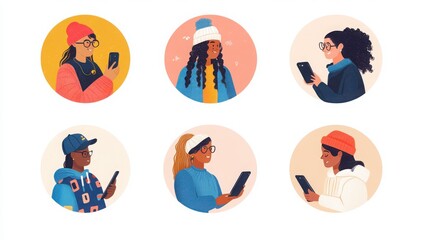 Fototapeta premium a set of illustrated avatars in circular frames showcasing diverse social media users sharing content. One person wears casual clothes holding a smartphone