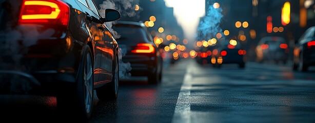 Naklejka premium Cars in urban traffic, nighttime with blurred city lights