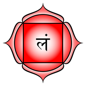 Muladhara,  Root chakra, root of existence. First chakra, located at the base of the spine. Dormant Kundalini is resting here. Red lotus with 4 petals, square, and seed syllable Lam for tattva earth.