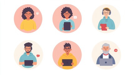 Fototapeta premium a set of illustrated avatars in circular frames showcasing diverse online community moderators. One moderator wears glasses holding a smartphone, another has short curly hair 