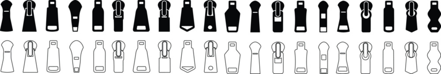 Set of different zippers. zipper pullers vector illustration zip heads, zipper slider flat and line sketch collection © Muhammad