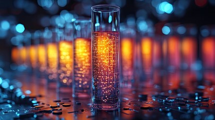 A close-up of a test tube with illuminated genetic data in the background, emphasizing scientific exploration.