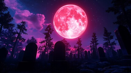 A spooky graveyard lies beneath a blood-red moon, the tombstones casting long shadows.