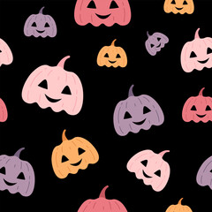 Retro Halloween pumpkin seamless pattern. Halloween pattern. Halloween pumpkin digital paper.  Hand drawn vector pattern in flat style
