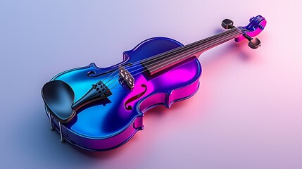 A neon blue and pink violin pops against a white background, futuristic and bold.
