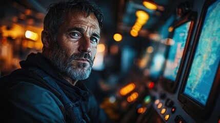 Obraz premium A commercial fishing ship captain, surrounded by screens, uses sea maps, illustrating the reliance on technology in navigation and maritime operations.