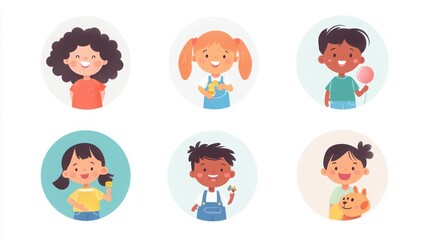 a set of illustrated avatars in circular frames showcasing diverse children at play. One child wears a t-shirt holding a toy, another child has pigtails and a joyful expression