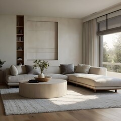 Modern minimalist living room with neutral tones