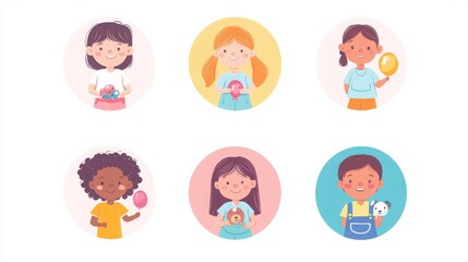 a set of illustrated avatars in circular frames showcasing diverse children at play. One child wears a t-shirt holding a toy, another child has pigtails and a joyful expression
