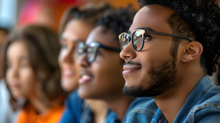 Male and female adult students listening attentively during workshop. Side view portrait of happy young people sitting. generative ai.