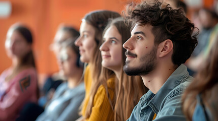 Obraz premium Male and female adult students listening attentively during workshop. Side view portrait of happy young people sitting. generative ai.
