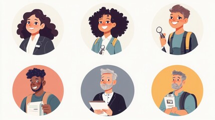a set of illustrated avatars in circular frames showcasing diverse real estate agents and clients. One agent wears a suit holding a set of keys, a client has curly hair 