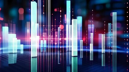 Abstract digital bars with glowing lights and futuristic data, representing technology, virtual communication, and financial growth analysis.

