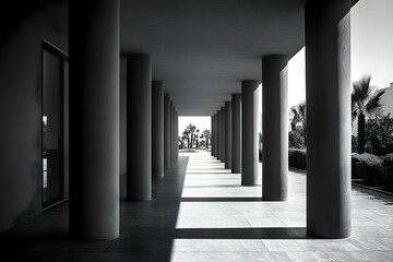 Fototapeta premium Long covered walkway with columns leads to sunny courtyard with palm trees.