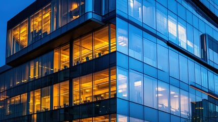Modern office building exterior glowing at twilight with business people working late