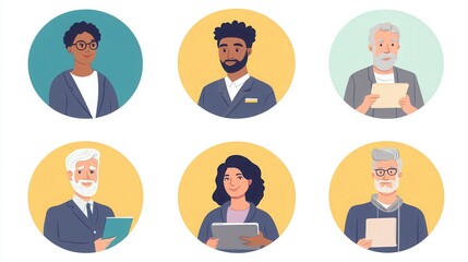a set of illustrated avatars in circular frames showcasing diverse venture capitalists and entrepreneurs. One venture capitalist wears a suit holding a portfolio