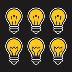 Six stylized yellow lightbulbs with white outlines are depicted against a black background, symbolizing ideas or inspiration