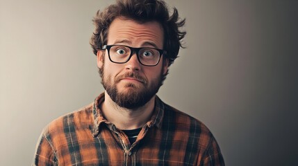 Fototapeta premium Pensive Bearded Man in Plaid Shirt Contemplating in Studio