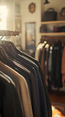 Naklejka premium Clothes Rack Displaying Variety of Shirts and Jackets in Warm Sunlight Clothing Store Interior