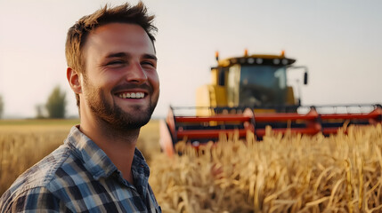 A man is smiling in front of a combine harvester