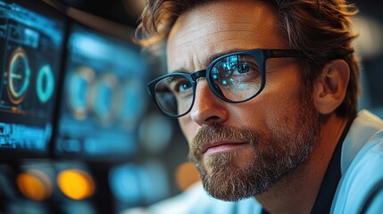 A confident male data scientist works on a computer in a control room, focusing on neural network management within a large infrastructure.