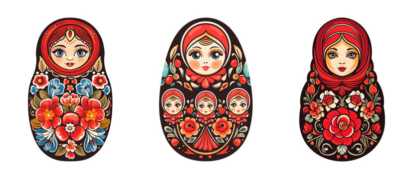 Beautiful set of traditional Russian nesting dolls with vibrant floral patterns, representing folk art. Vector illustration.
