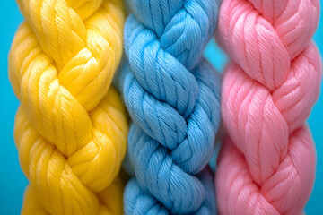 Three Braided Ropes in Yellow Blue and Pink with a Soft Background