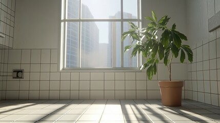 This sleek kitchen features white cabinets, stylish lighting, and black tiles, while a window reveals an old Parisian building and lush greenery enhances the ambiance