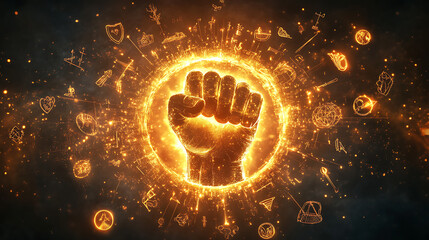 Fototapeta premium Fist symbol surrounded by symbols of peace and justice, with a glowing light that symbolizes hope and resilience