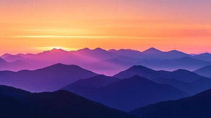 Fototapeta premium The mountain range transforms at sunset, showcasing stunning colors of orange and purple while gentle shadows cascade down the slopes, creating a tranquil atmosphere
