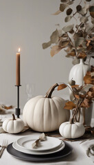 Beautiful fall-themed table decor featuring white pumpkins, elegant plates, a burning candle, and autumn leaves. Perfect for Thanksgiving or seasonal gatherings.


