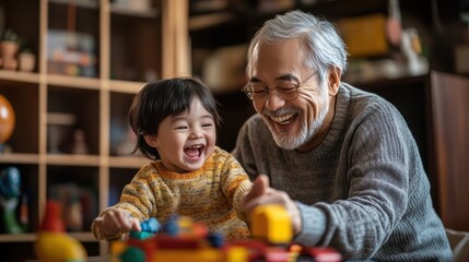 Fototapeta premium A joyful scene of a grandfather engaging in playful therapy with his grandchild, laughing as they play with toys