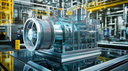 An industrial engine transparent modern high-tech centrifugal electric pump with asynchronous electric motor with reflection in modern factory