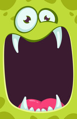 Monster face with funy expression opened mouth blank space banner for text. Halloween design element for banner or decoration party